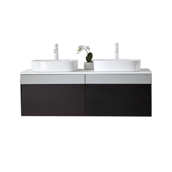 The Ronda 55 Inch Wall Mount Vanity with Double Vessel Sinks has minimalist faucets, a white top, dark lower cabinets, and a potted orchid set between the sinks.