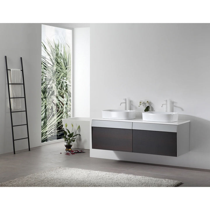 A modern bathroom with the Ronda 55 Inch Wall Mount Vanity with Double Vessel Sinks, a big window showcasing greenery, a ladder towel rack, floor plant, and a white rug on gray flooring.