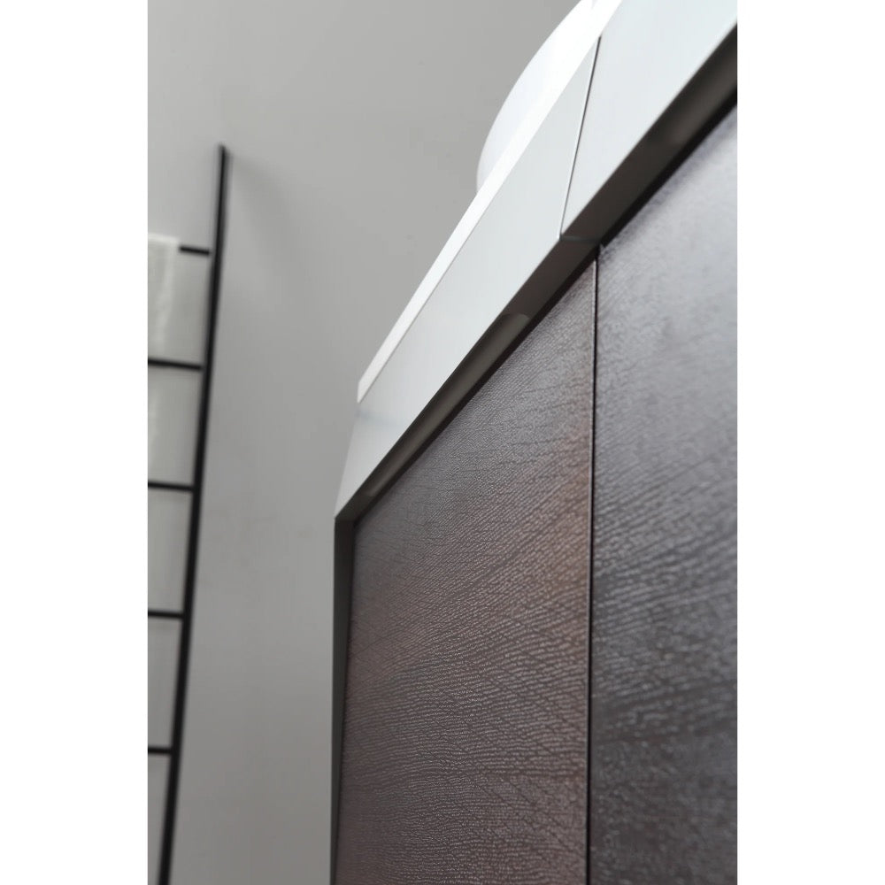 Close-up of the Ronda 55 Inch Wall Mount Vanity with Double Vessel Sinks featuring a modern dark wood cabinet, white countertop, and a minimalist black metal ladder set against a light gray wall.