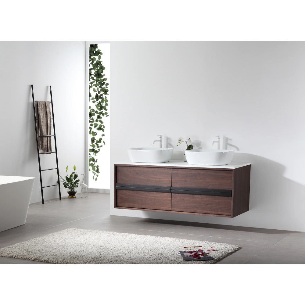 A modern bathroom includes the Sintra 55 Inch Wall Mount Vanity with Double Vessel Sinks, a white tub, ladder towel rack, textured rug, and a vertical window with outdoor greenery.