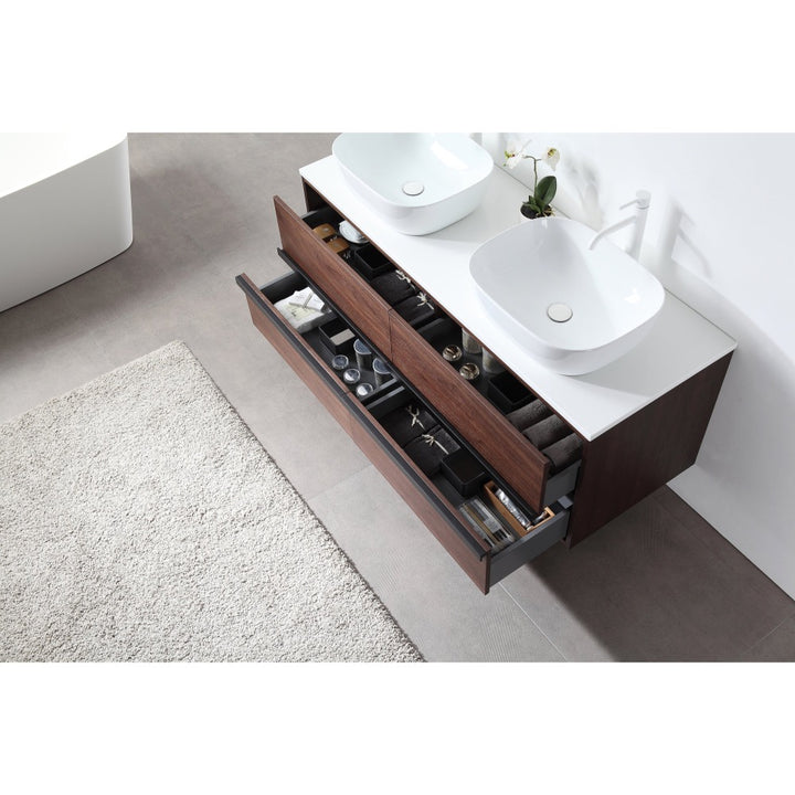 The Sintra 55 Inch Wall Mount Vanity with Double Vessel Sinks has open drawers displaying organized toiletries and towels, set on a gray floor beside a white textured rug and a freestanding bathtub.