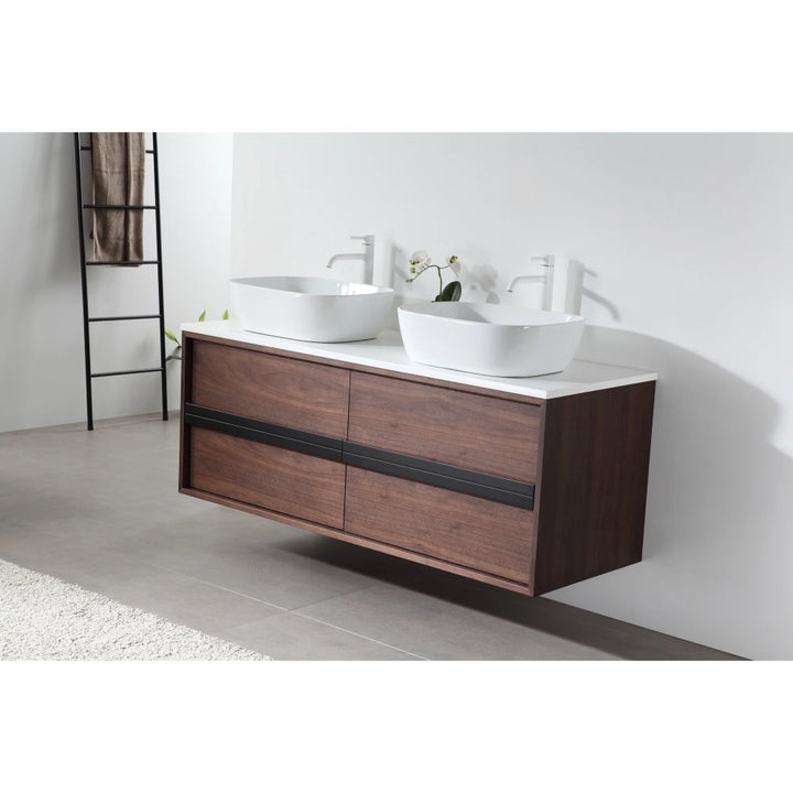 A modern bathroom showcases the Sintra 55 Inch Wall Mount Vanity with Double Vessel Sinks, chrome faucets, a white countertop, plus a ladder towel rack and plant for minimalist appeal in this bright space.