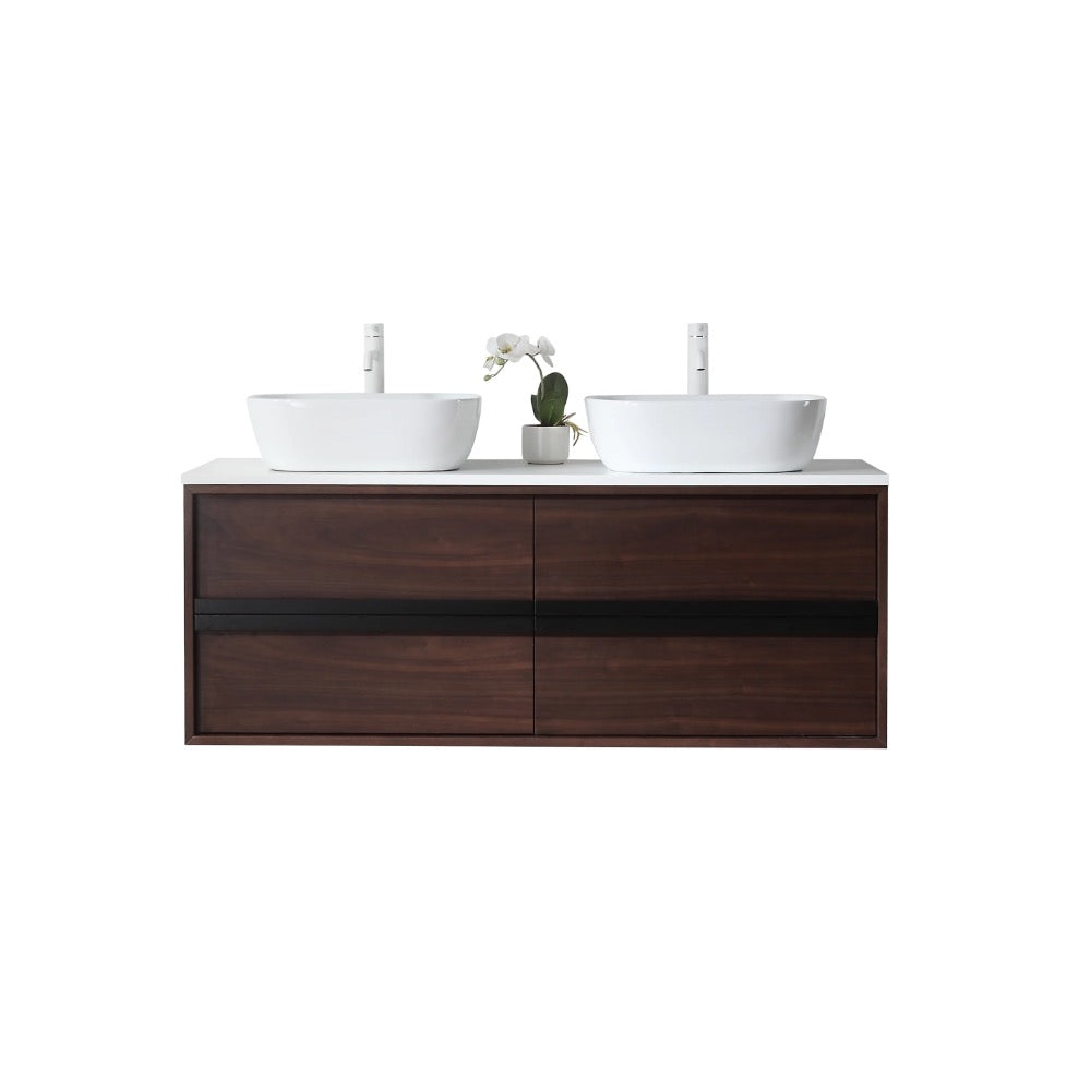 The Sintra 55 Inch Wall Mount Vanity with Double Vessel Sinks features a dark wood finish, two white vessel sinks with faucets, a minimalist design, and four drawers. A small potted orchid sits between the sinks for added style.