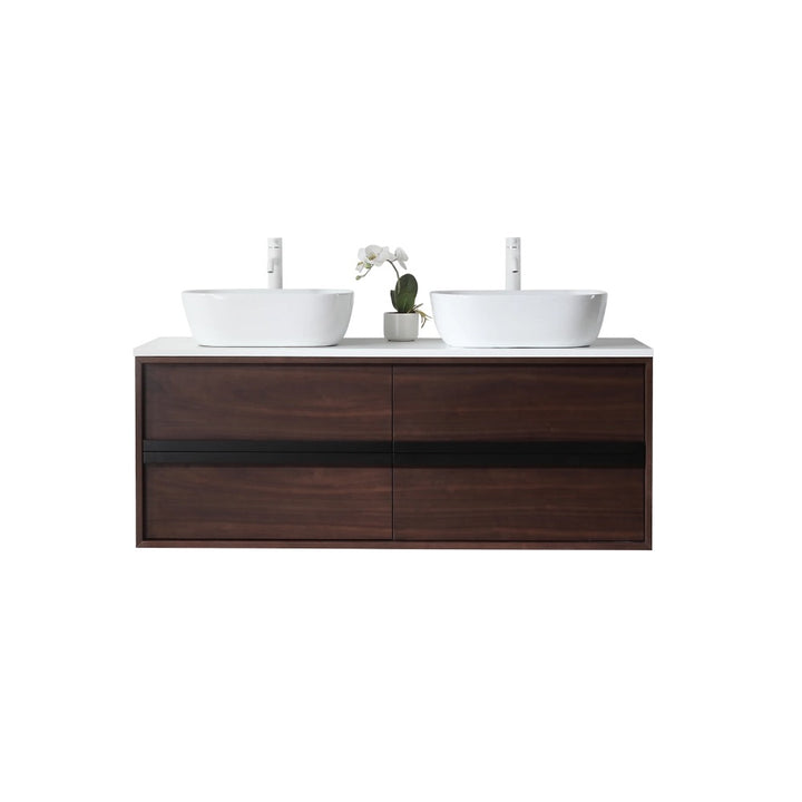 The Sintra 55 Inch Wall Mount Vanity with Double Vessel Sinks features a dark wood finish, two white vessel sinks with faucets, a minimalist design, and four drawers. A small potted orchid sits between the sinks for added style.