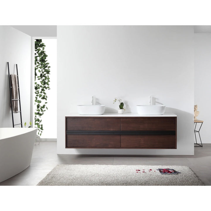 Minimalist bathroom with a Sintra 72 Inch Wall Mount Vanity with Double Vessel Sinks, ladder towel rack, freestanding tub, large rug, and light gray walls. A leafy plant sits by the window.