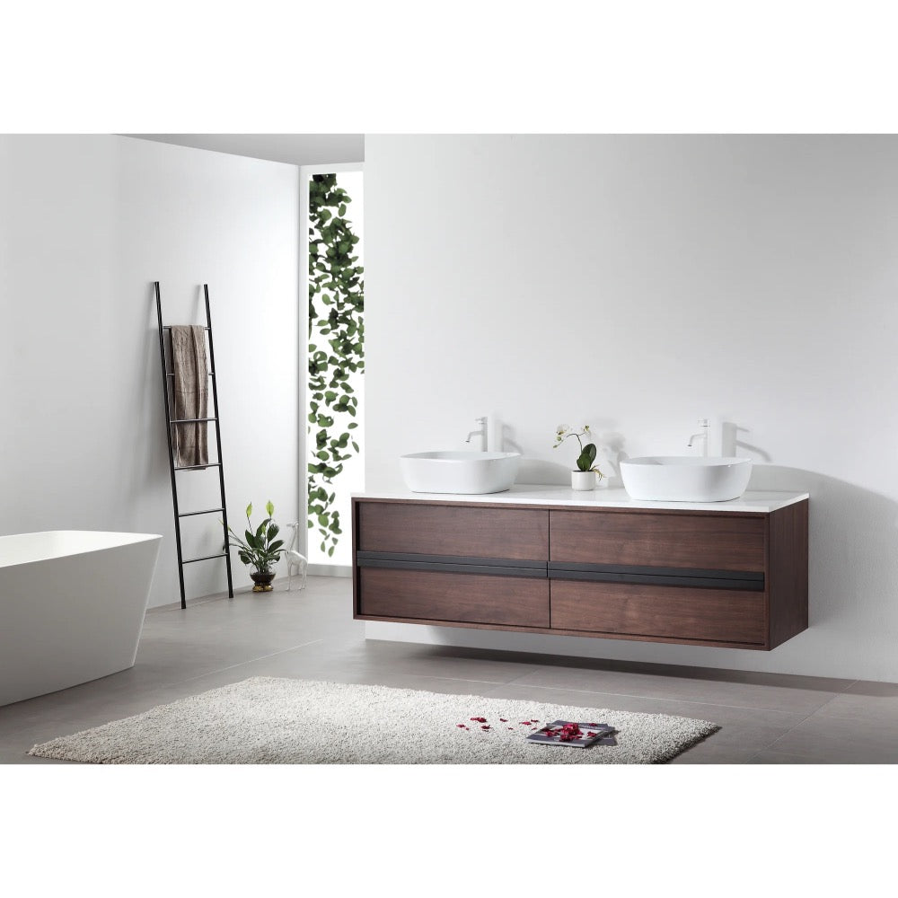 Modern bathroom with a floating Sintra 72 Inch Wall Mount Vanity with Double Vessel Sinks, rectangular bathtub, ladder towel rack, potted plant, white walls, and light gray rug.