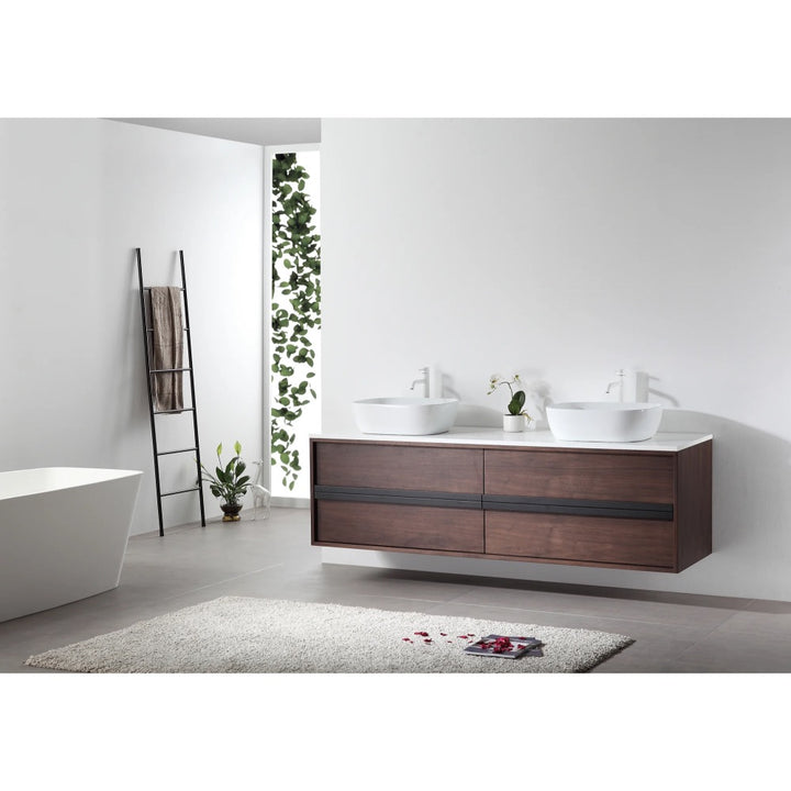 Modern bathroom with a floating Sintra 72 Inch Wall Mount Vanity with Double Vessel Sinks, rectangular bathtub, ladder towel rack, potted plant, white walls, and light gray rug.