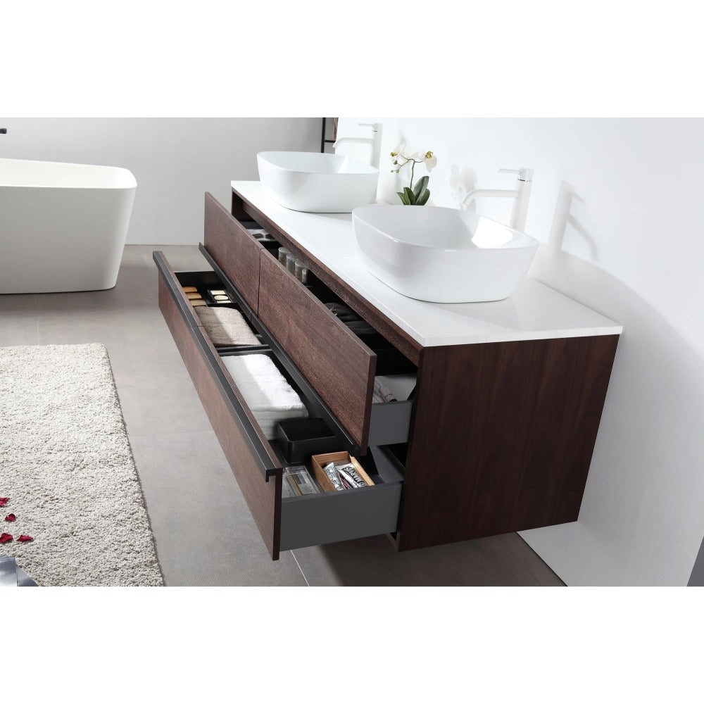 A modern bathroom features the Sintra 72 Inch Wall Mount Vanity with Double Vessel Sinks, boasting dark wood, two open drawers for towels and toiletries, and a sleek white countertop.