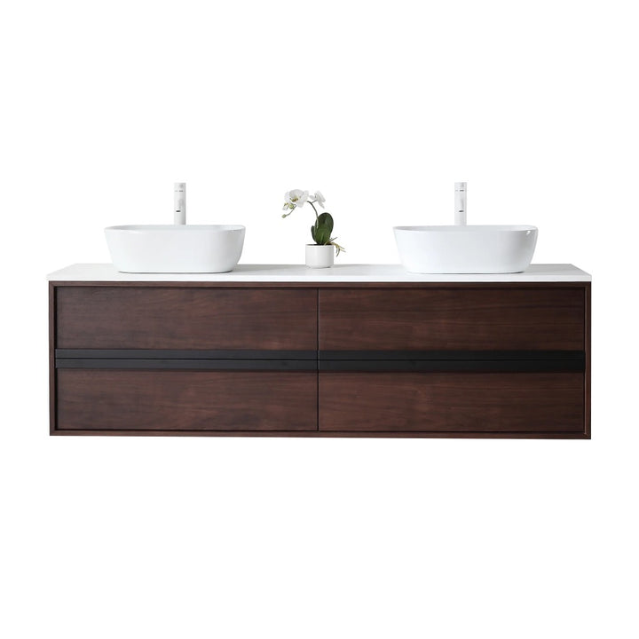 The Sintra 72 Inch Wall Mount Vanity with Double Vessel Sinks showcases a modern floating design in dark wood, two white vessel sinks with sleek faucets, and a small potted orchid placed between them.