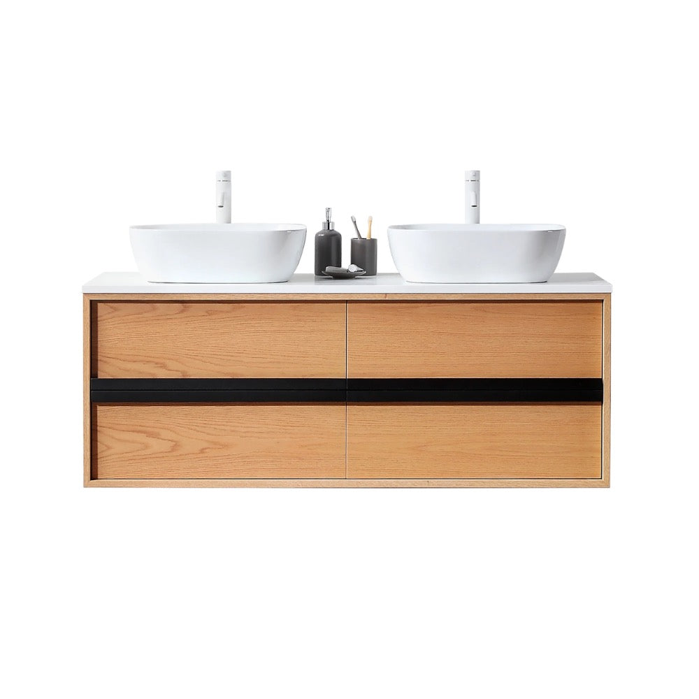 The Sintra 55 Inch Wall Mount Vanity with Double Vessel Sinks boasts light wood drawers, black accents, and a modern floating design, complete with soap dispensers and a toothbrush holder for an organized, stylish bathroom.