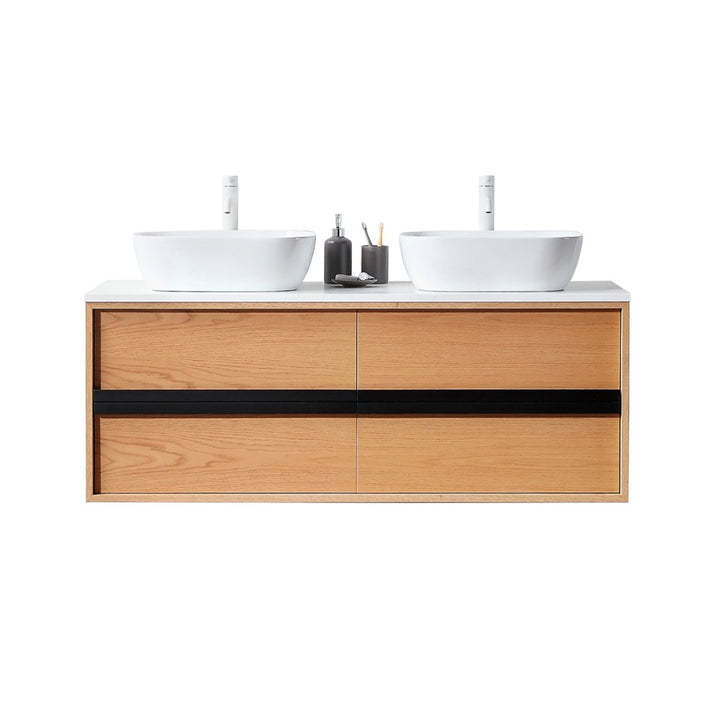 The Sintra 55 Inch Wall Mount Vanity with Double Vessel Sinks boasts light wood drawers, black accents, and a modern floating design, complete with soap dispensers and a toothbrush holder for an organized, stylish bathroom.