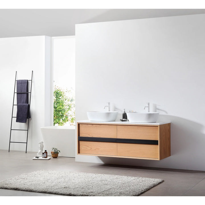 Modern bathroom with a Sintra 55 Inch Wall Mount Vanity with Double Vessel Sinks, white wall, freestanding tub, black towel ladder, and gray rug. Natural light highlights the vanity’s sleek floating design.