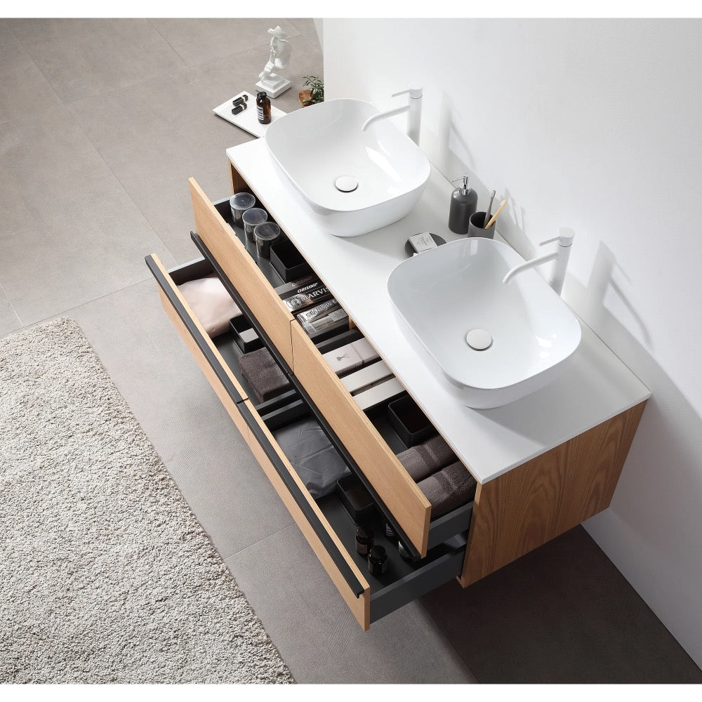 The Sintra 55 Inch Wall Mount Vanity with Double Vessel Sinks includes a white countertop, light wood cabinetry, and two open drawers for towels and toiletries, creating a modern bathroom style.
