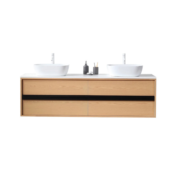 The Sintra 72 Inch Wall Mount Vanity with Double Vessel Sinks offers a modern floating design, light wood finish, four drawers, sleek black accents, and accessories conveniently placed between two white vessel sinks.