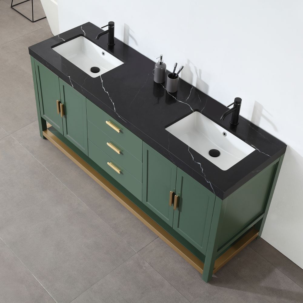 Winchester 72 inch Freestanding Double Bathroom Vanity With Black Top – Forest Green Top View