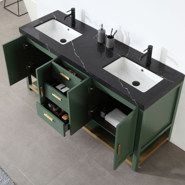 The Winchester 72 inch Freestanding Double Bathroom Vanity in Forest Green features a sleek black marble countertop with dual white sinks and black faucets. Gold handles accent its cabinets, which open to reveal neatly arranged towels and essentials, complemented by two open drawers.