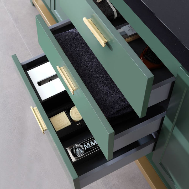 Winchester 72 inch Freestanding Double Bathroom Vanity With Black Top – Forest Green drawer details