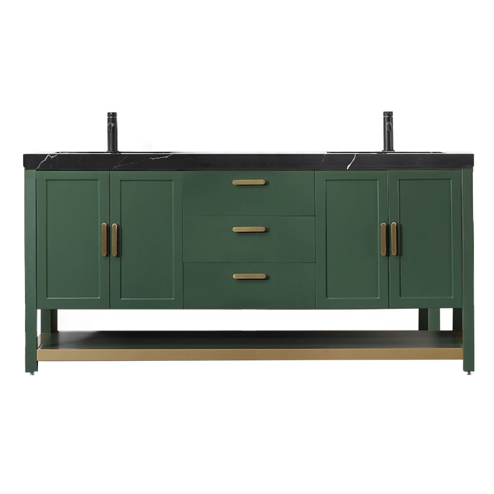 The Winchester 72 Freestanding Double Bathroom Vanity in Forest Green includes a black countertop, bronze handles, three center drawers, two side cabinets, and an open bottom shelf. Its sleek design is enhanced by stylish black faucets.