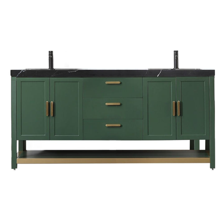 The Winchester 72 Freestanding Double Bathroom Vanity in Forest Green includes a black countertop, bronze handles, three center drawers, two side cabinets, and an open bottom shelf. Its sleek design is enhanced by stylish black faucets.