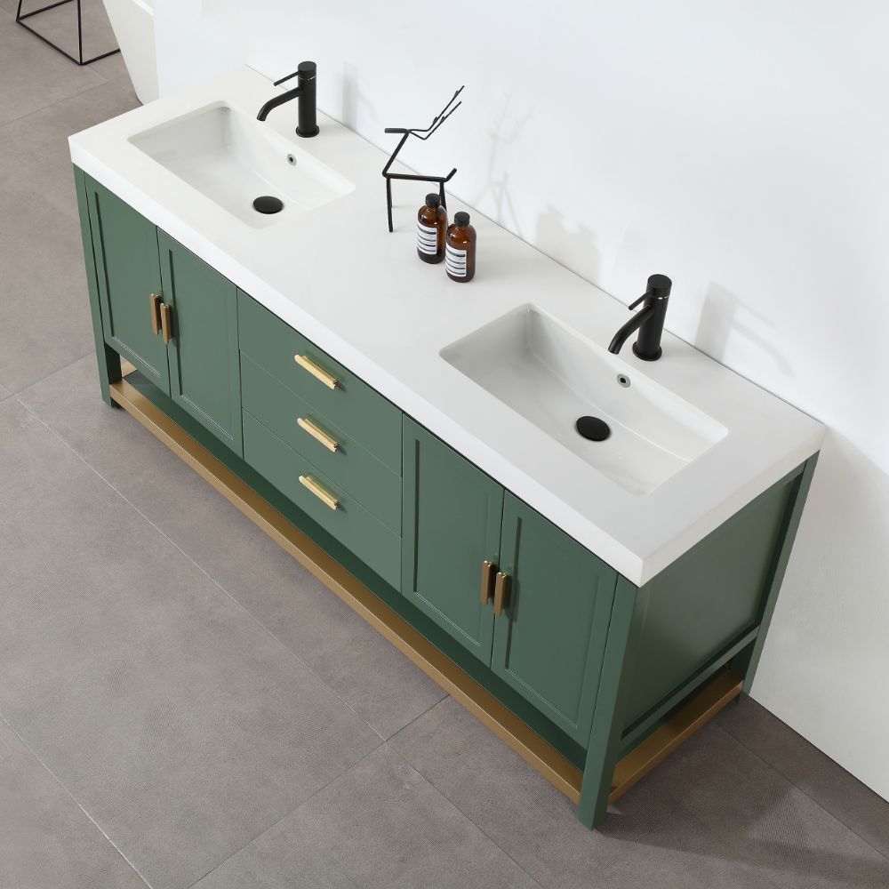 Revival 72″ Forest Green Freestanding Bathroom Vanity, White Countertop