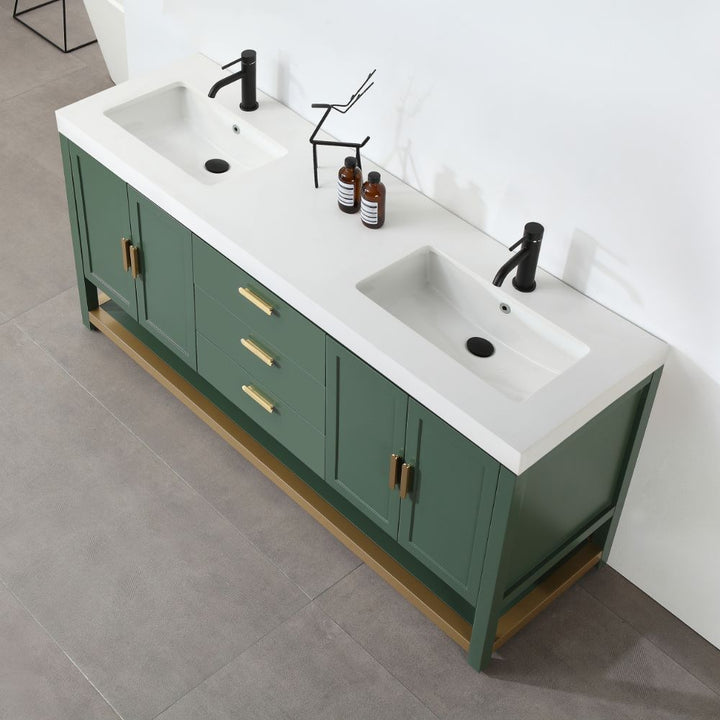 Revival 72″ Forest Green Freestanding Bathroom Vanity, White Countertop