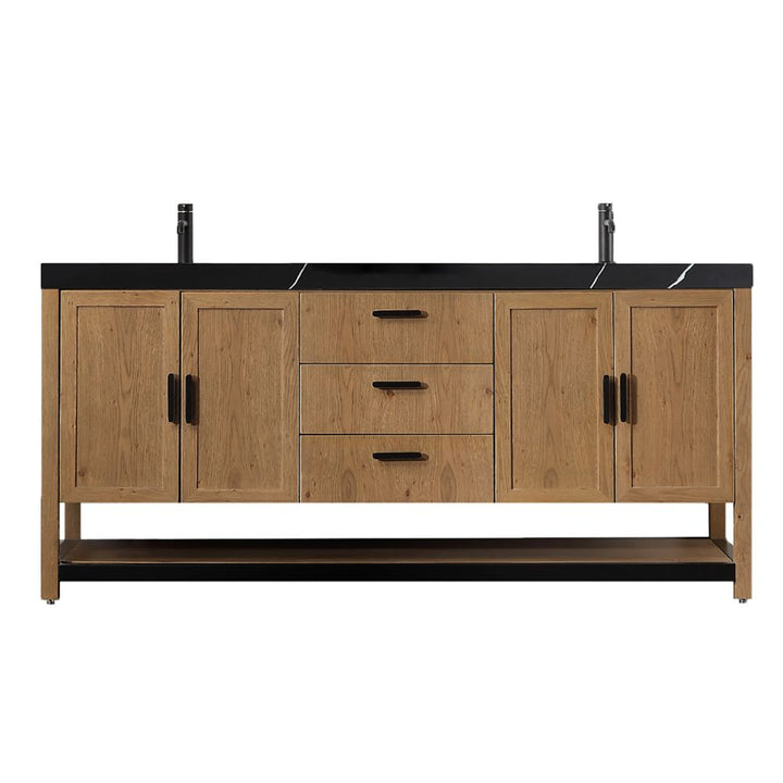 Revival 72″ Pecan Oak Freestanding Bathroom Vanity, Black Countertop