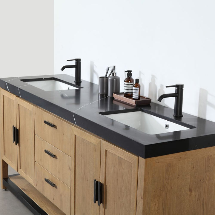 Revival 72″ Pecan Oak Freestanding Bathroom Vanity, Black Countertop