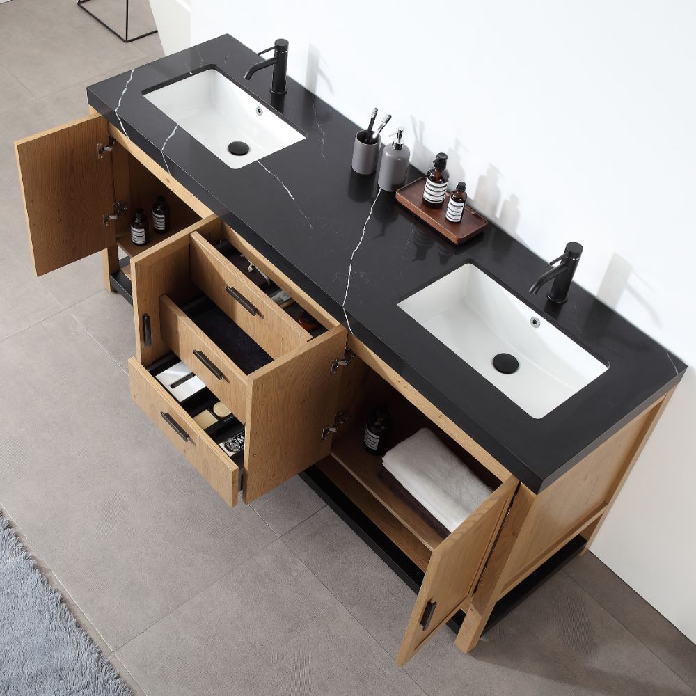 Revival 72″ Pecan Oak Freestanding Bathroom Vanity, Black Countertop