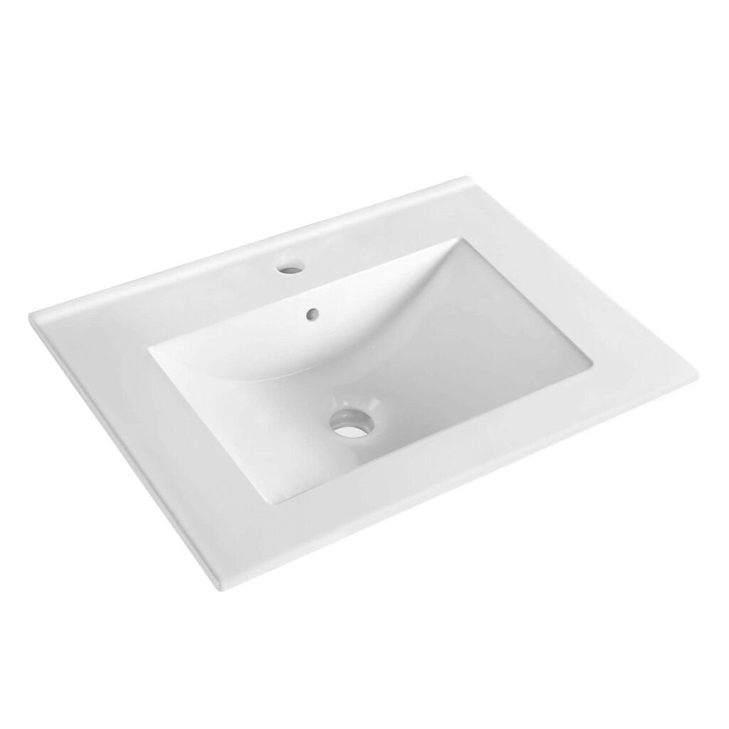 The Wilmington 24 Inch Bathroom Vanity With Sink features a modern white rectangular design with a sleek angular look, single faucet hole, and centered drain hole, perfectly fitting any contemporary bathroom.