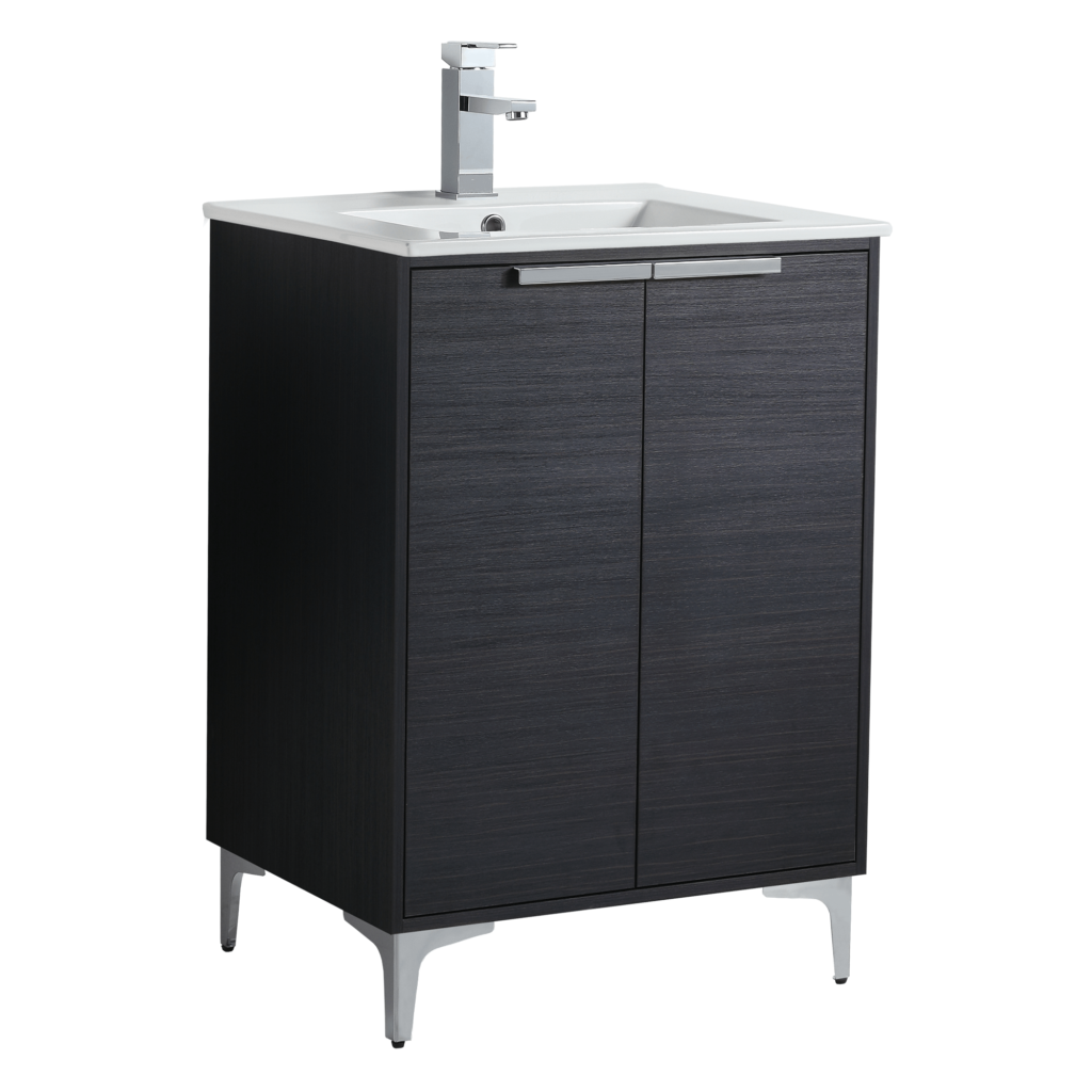 Discover the Wilmington 24 Inch Bathroom Vanity With Sink: a sleek modern piece with a black finish, complemented by a white rectangular basin and chrome faucet. It features two doors on metallic legs, perfectly merging contemporary design with functionality.