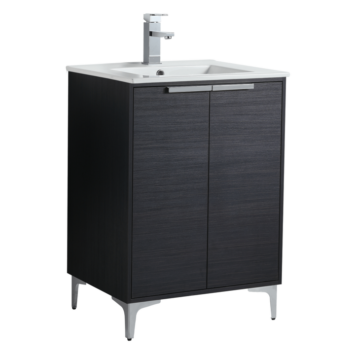 Discover the Wilmington 24 Inch Bathroom Vanity With Sink: a sleek modern piece with a black finish, complemented by a white rectangular basin and chrome faucet. It features two doors on metallic legs, perfectly merging contemporary design with functionality.