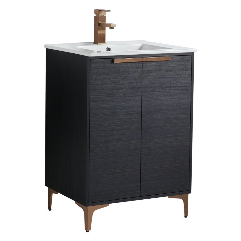 The Wilmington 24 Inch Bathroom Vanity With Sink features a modern design with a dark wood cabinet, two doors, gold handles, and matching legs. It is topped with a pristine white square sink basin and an elegant gold faucet.
