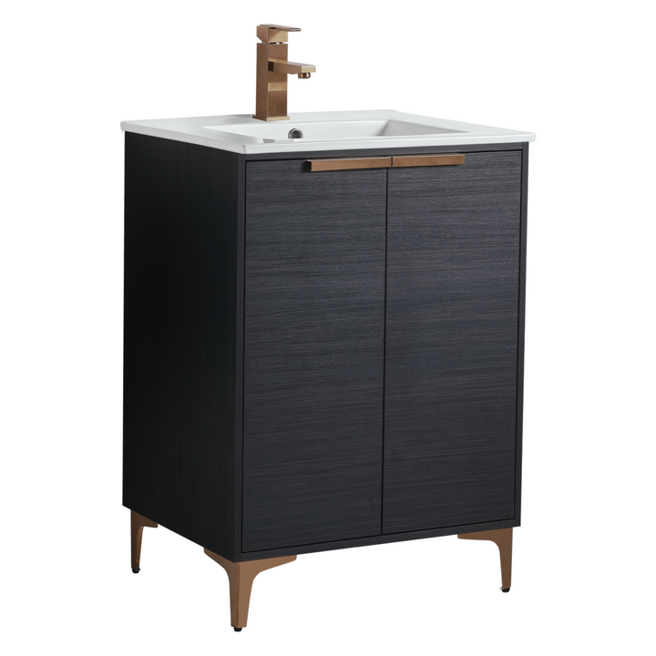 The Wilmington 24 Inch Bathroom Vanity With Sink features a modern design with a dark wood cabinet, two doors, gold handles, and matching legs. It is topped with a pristine white square sink basin and an elegant gold faucet.