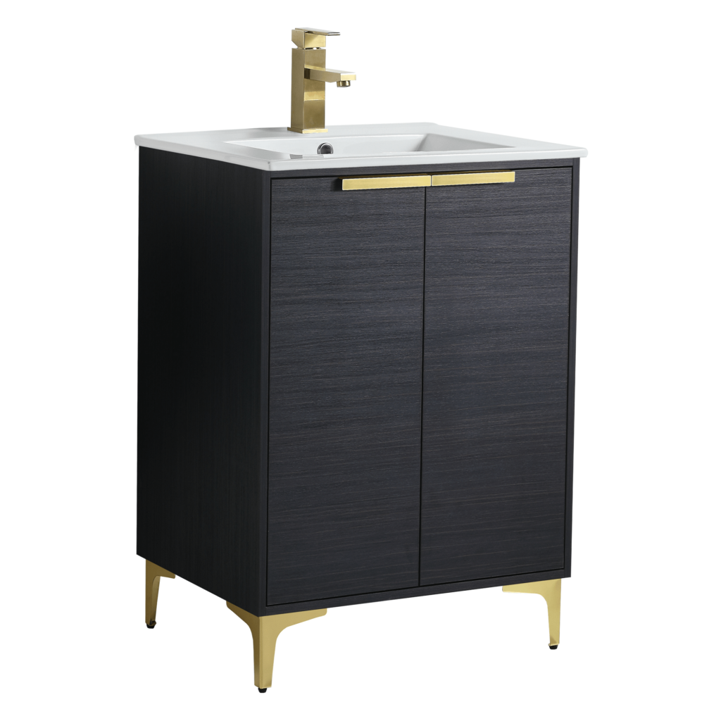 The Wilmington 24 Inch Bathroom Vanity With Sink features a black base with golden accents, a white countertop, and a sleek square golden faucet. It has two cabinet doors with golden handles and stands on four elegant golden legs.