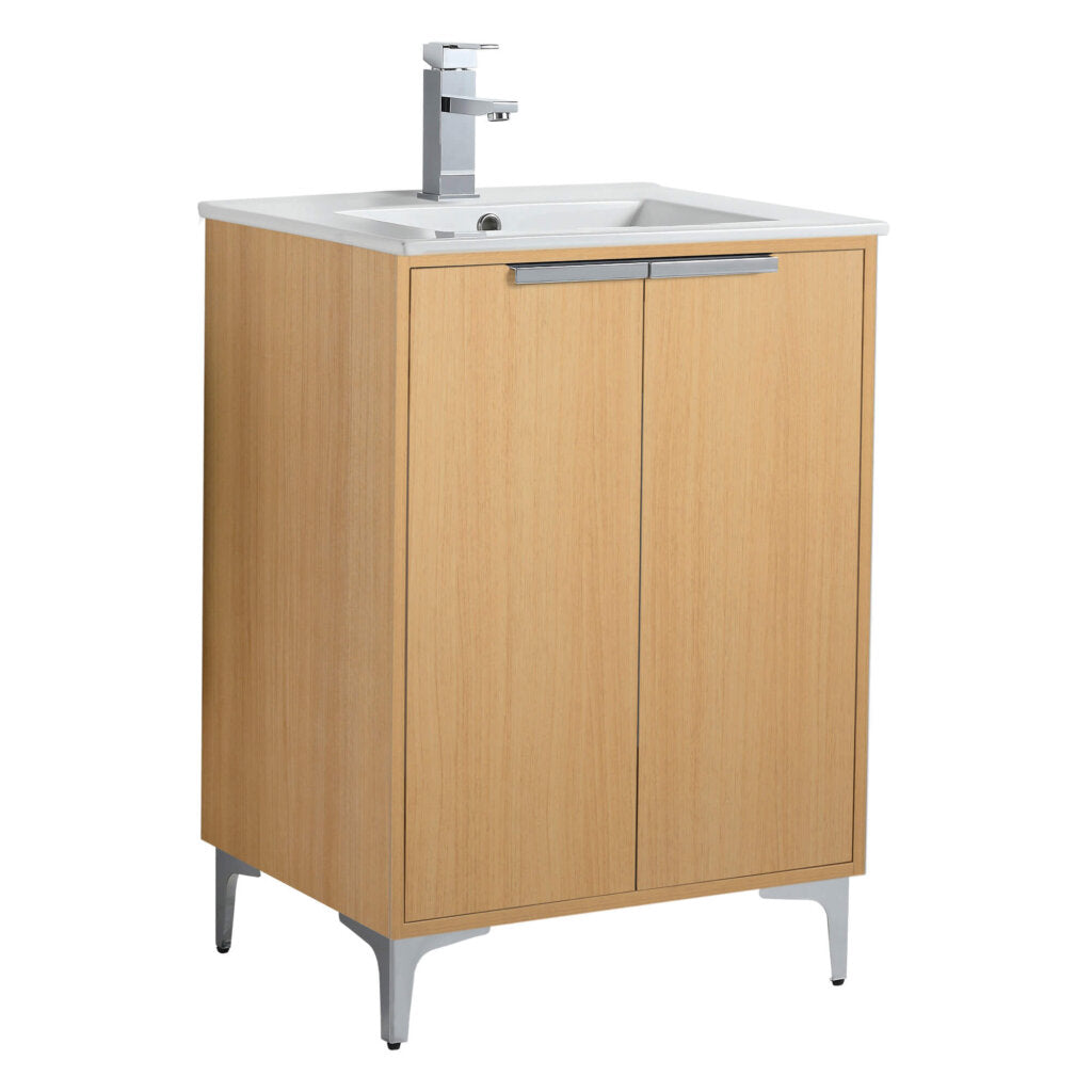 The Wilmington 24 Inch Bathroom Vanity With Sink is a modern piece featuring a light wood cabinet with two doors and metallic handles, topped elegantly with a white sink and sleek chrome faucet, all supported by four sturdy metallic legs.