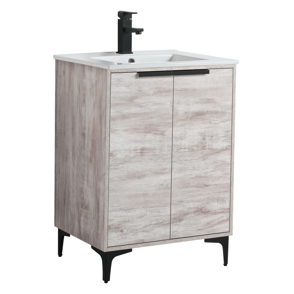 The Wilmington 24 Inch Bathroom Vanity With Sink boasts a light wood finish, black faucet, and modern allure. It includes a rectangular white sink over two rustic-textured doors with sleek black metal legs.