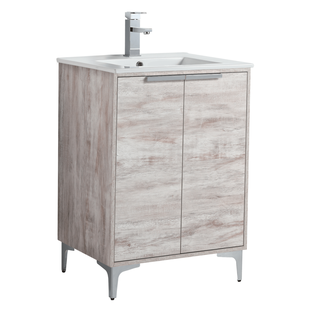 The Wilmington 24 Inch Bathroom Vanity With Sink features a weathered wood finish, white ceramic sink, sleek silver faucet, twin cabinet doors with horizontal handles, and slim metal legs for a stylish and functional design.