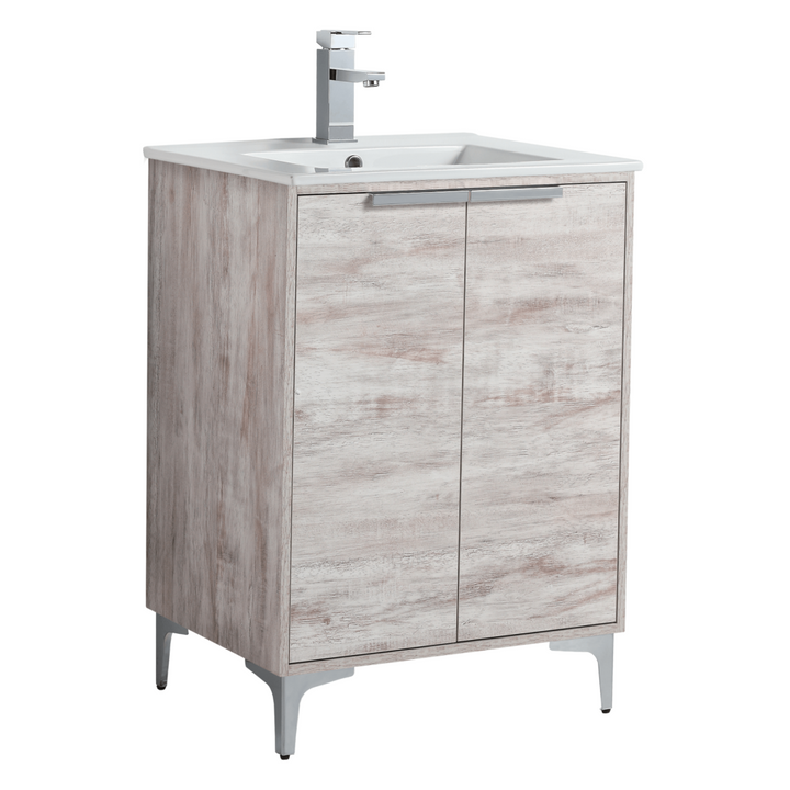 The Wilmington 24 Inch Bathroom Vanity With Sink features a weathered wood finish, white ceramic sink, sleek silver faucet, twin cabinet doors with horizontal handles, and slim metal legs for a stylish and functional design.
