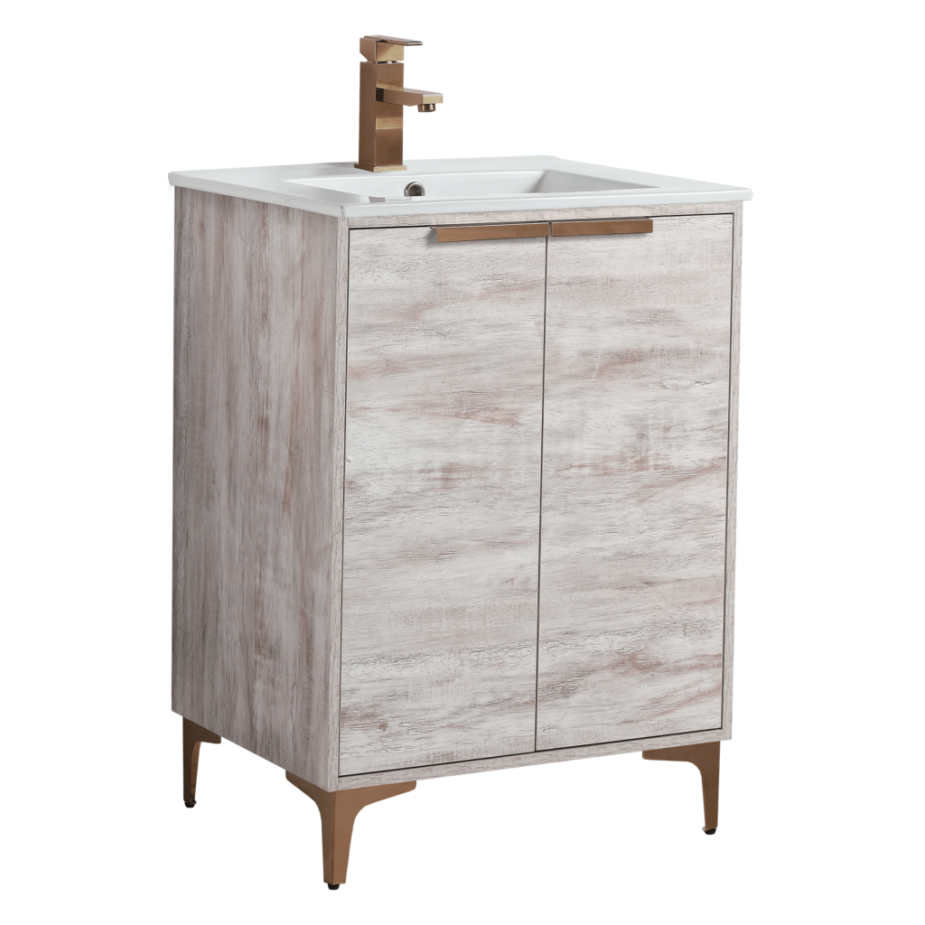 The Wilmington 24 Inch Bathroom Vanity With Sink features a modern wood-textured cabinet, sleek metal handles, and a white ceramic sink. It includes a bronze faucet, angled metal legs, and a rustic finish, offering minimalist design with timeless appeal.