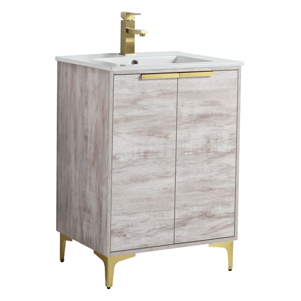The Wilmington 24 Inch Bathroom Vanity With Sink features a distressed wood finish, white basin, and gold-toned faucet. It has two cabinet doors with gold handles and sleek gold legs for elevation.