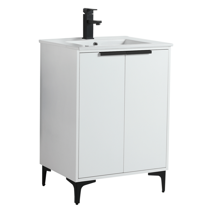 The Wilmington 24 Inch Bathroom Vanity With Sink features a modern white design, two doors, and a sleek black faucet. It stands on four black legs, creating a minimalistic look ideal for contemporary interiors.