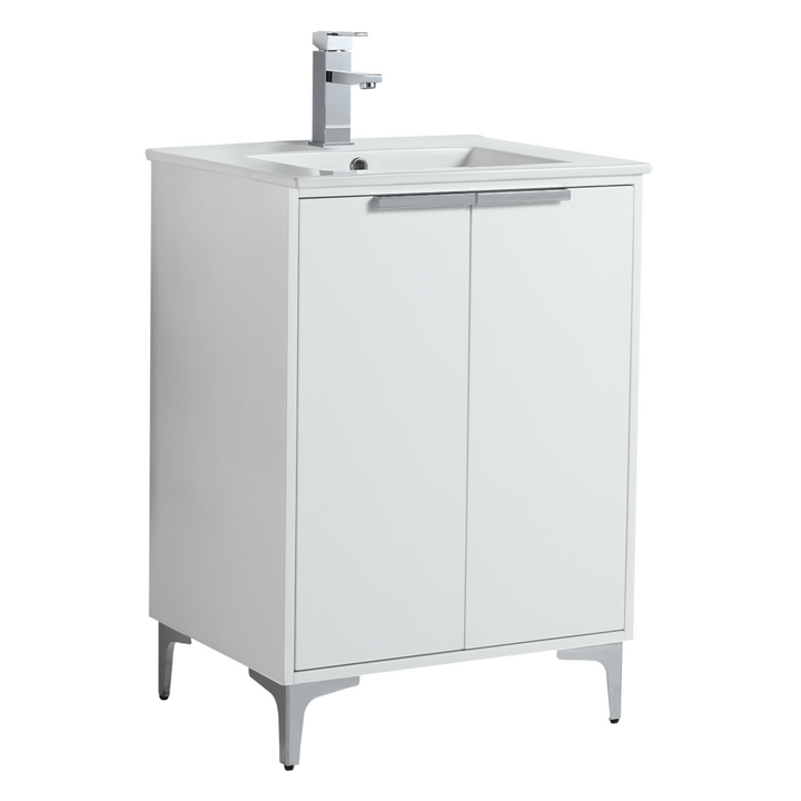 Introducing the Wilmington 24 Inch Bathroom Vanity With Sink, featuring a sleek white cabinet with minimalist handles, elegantly paired with a silver faucet and angled metallic legs.