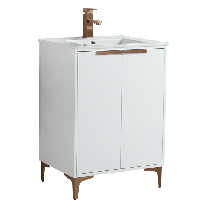 The Wilmington 24 Inch Vanity is a modern masterpiece with a white rectangular design, sleek brass faucet, two cabinet doors adorned with brass handles, and brass legs. It seamlessly combines minimalist style and elegance.