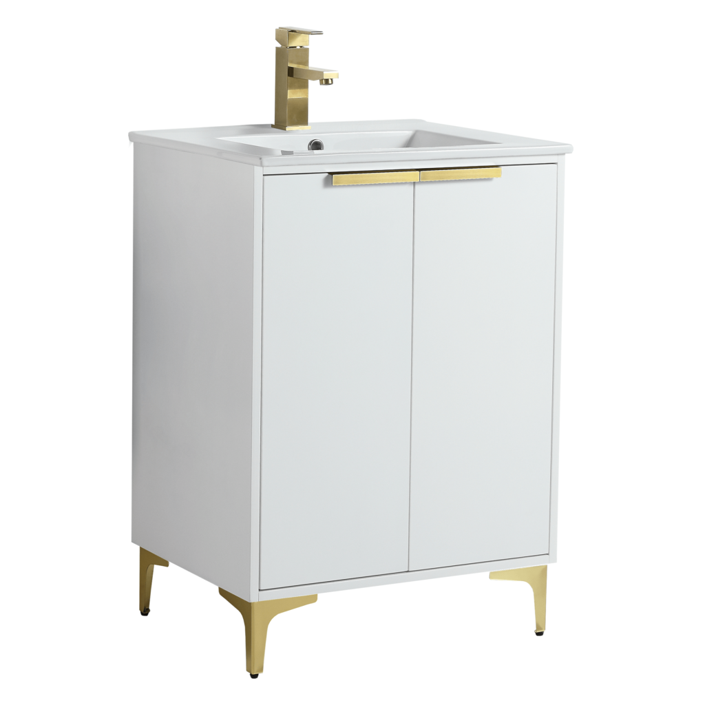 The Wilmington 24 Inch Bathroom Vanity With Sink combines style and elegance with a white facade, gold legs, flat countertop, integrated rectangular sink with a gold faucet, and two doors featuring sleek gold handles.