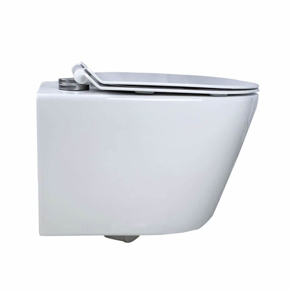 Side view of a modern Dakota Wall Hung Toilet in white with a closed lid, wall-mounted and isolated on a plain white background.