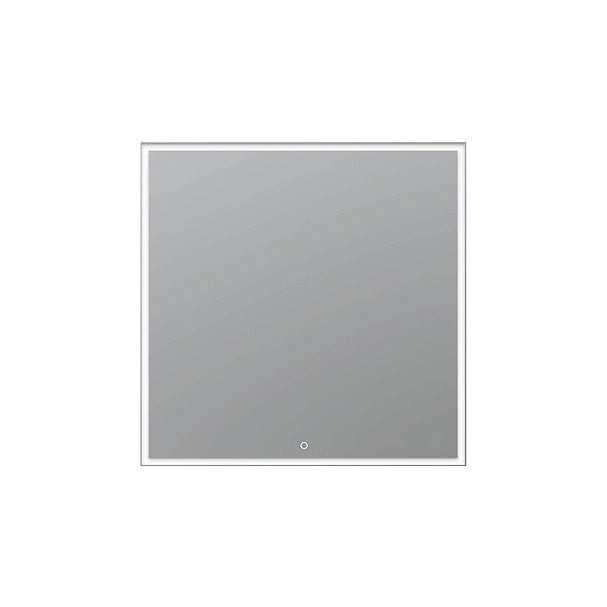 The Edge 30 Inch LED Lighted Bathroom Mirror is a square, frameless mirror featuring an LED light and a small circular touch sensor at the bottom center, displayed against a plain white background.