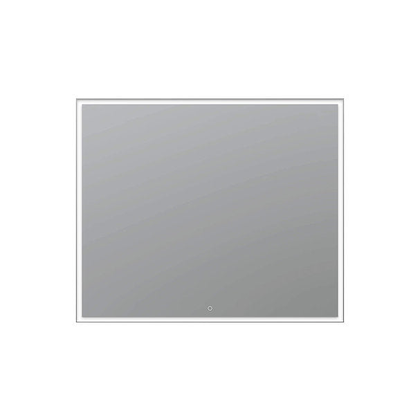 The Edge 36 Inch LED Lighted Bathroom Mirror is a large rectangular mirror with a slim white frame and a round touch button at the bottom center, shown against a plain white background.