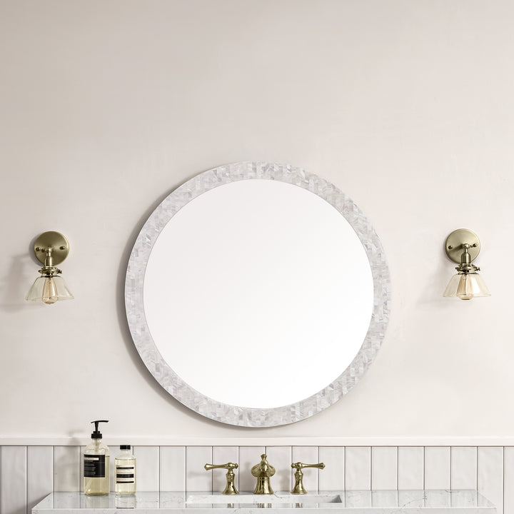 Callie 30" Round Bathroom Mirror, White Mother of Pearl
