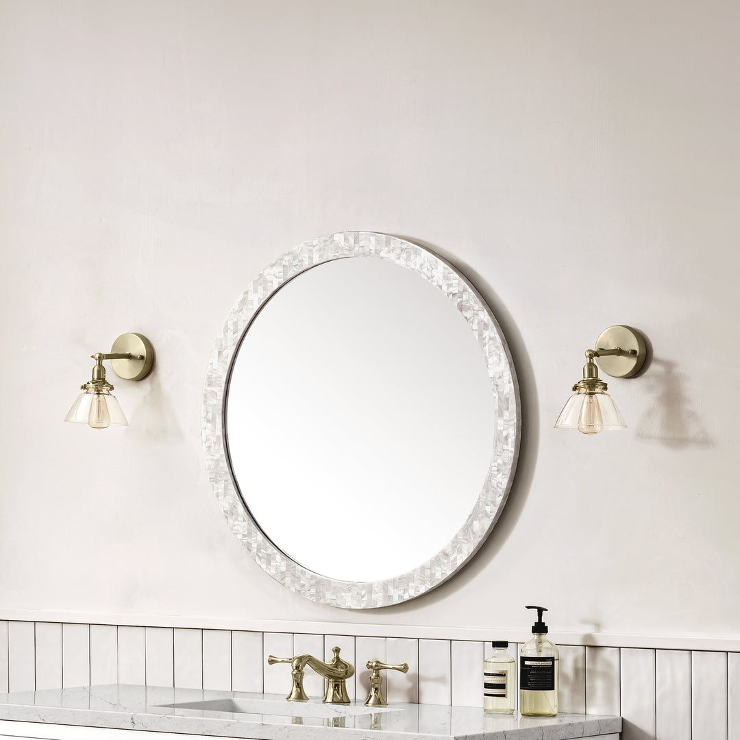 Callie 30" Round Bathroom Mirror, White Mother of Pearl