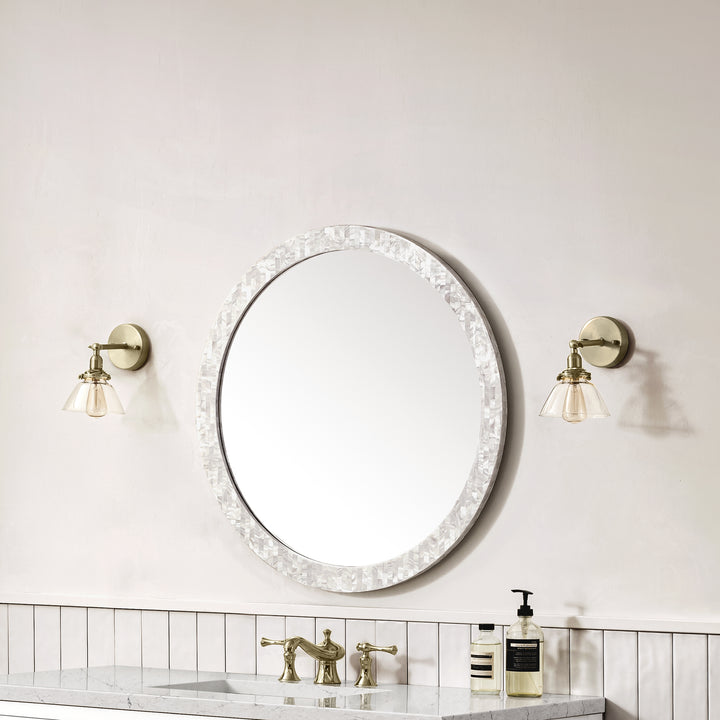 Callie 30" Round Bathroom Mirror, White Mother of Pearl